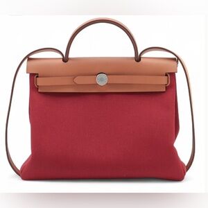 Elegant Hermes Red Canvas and Brown Leather Women's Herbag Zip PM